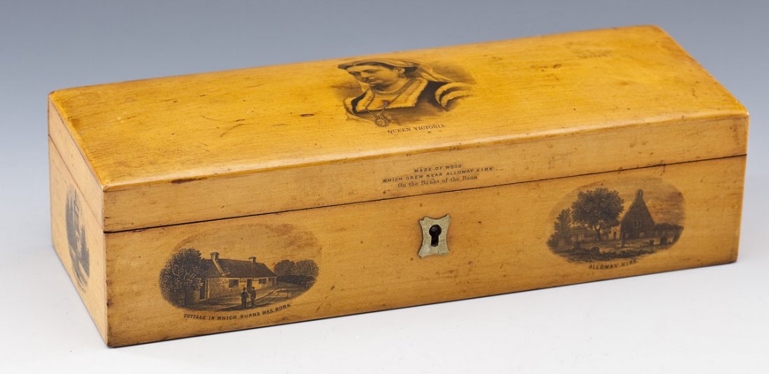 Queen Victoria Wooden Box: DESCRIPTION: Queen Victoria commemorative wooden box. Decorated to top "Queen Victoria" below image, and to front with "Made of wood which grew near Alloway Kirk, On the banks of the Doon". Image on l