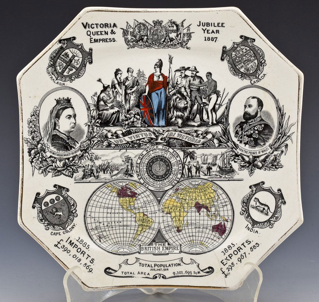 Queen Victoria Commemorative Plate: DESCRIPTION: Queen Victoria 1887 Jubilee commemorative octagonal plate. Decorated with images and text to top and stamped "Rd No 63164" to bottom. MEASUREMENTS: 9-1/2". CONDITION: Light wear and few h