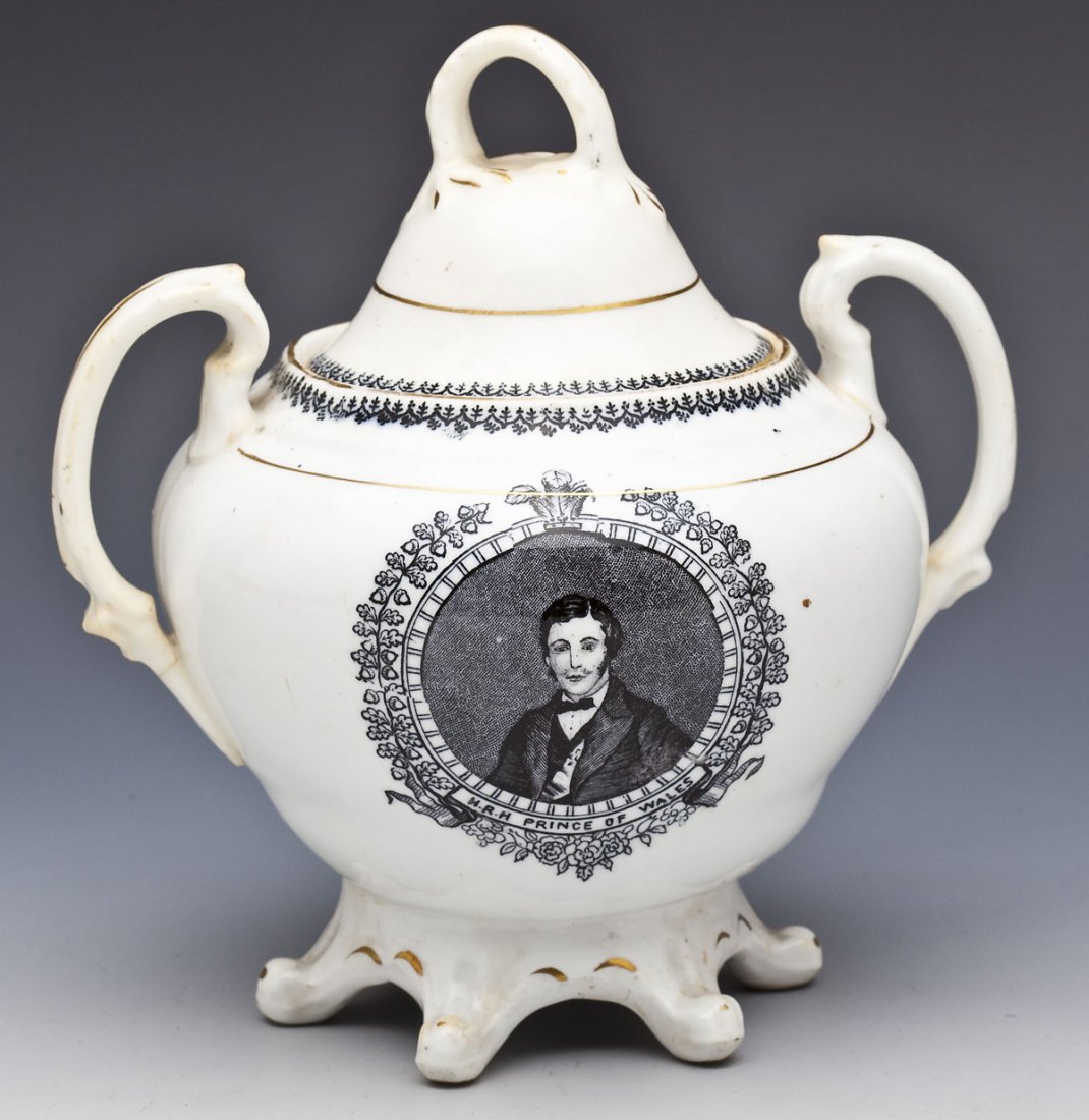 Edward VII & Alexandra Covered Sugar Bowl: DESCRIPTION: King Edward VII and Queen Alexandra commemorative covered sugar bowl. Decorated with the Prince of Wales to one side and Princess Alexandra to the other. MEASUREMENTS: 7" x 7" high. CONDI