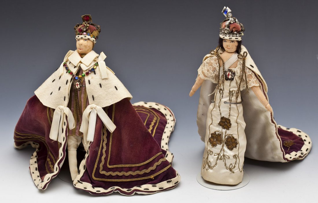George VI & Elizabeth Liberty of London Dolls: DESCRIPTION: King George VI and Queen Elizabeth coronation dolls by Liberty of London. Handmade and ornately clothed with original Liberty label to interior of each robe. Circa 1930's. Each on small d