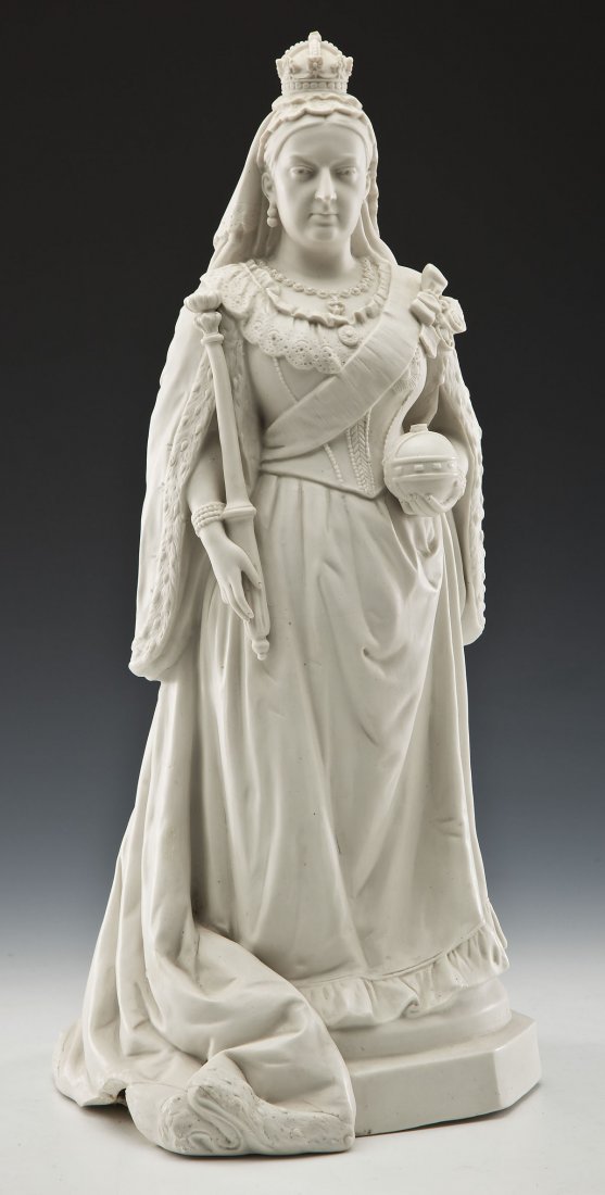 After Emanuel Edward Geflowski (Polish, 1834-1898): DESCRIPTION: After Emanuel Edward Geflowski (Polish, 1834-1898). Parian statue of Queen Victoria. After statue created by Geflowski. Depicts Queen Victoria crowned holding orb and sceptre with sash an