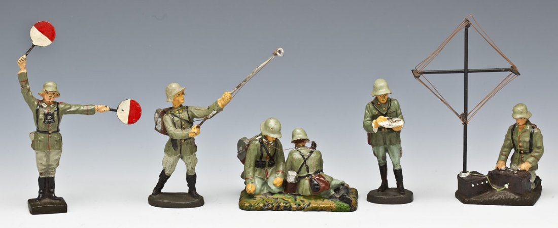 5 Elastolin & Lineol German Signal Corps Soldiers: DESCRIPTION: Elastolin and Lineol German Composition lot of five German toy soldiers, all signal corps. Includes radio operator, field telephone duplex group, officer reading orders, and others. 7.0-7