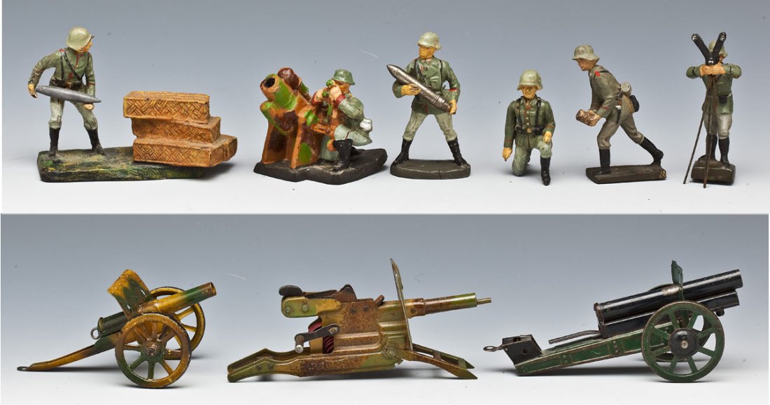 6 Elastolin & Lineol German Soldier & 3 Cannon: DESCRIPTION: Elastolin and Lineol German Composition lot of six German artillerymen toy soldiers, plus three tinplate cannon accessories by Hausser and Arnold. Includes Elastolin trench mortar duplex 