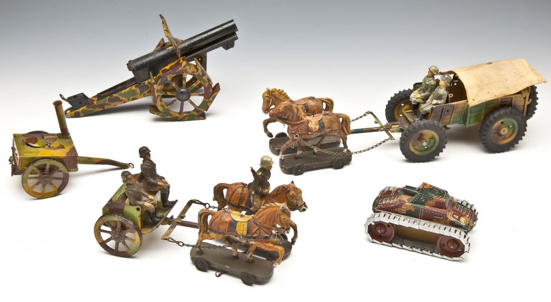 4 Elastolin & Arnold German Military Toys: DESCRIPTION: Elastolin and Arnold German military tinplate lot of four toys: one Hausser-Elastolin horsedrawn supply wagon (tires are new, cloth top loose, a few parts replaced); one Arnold mini-tank 