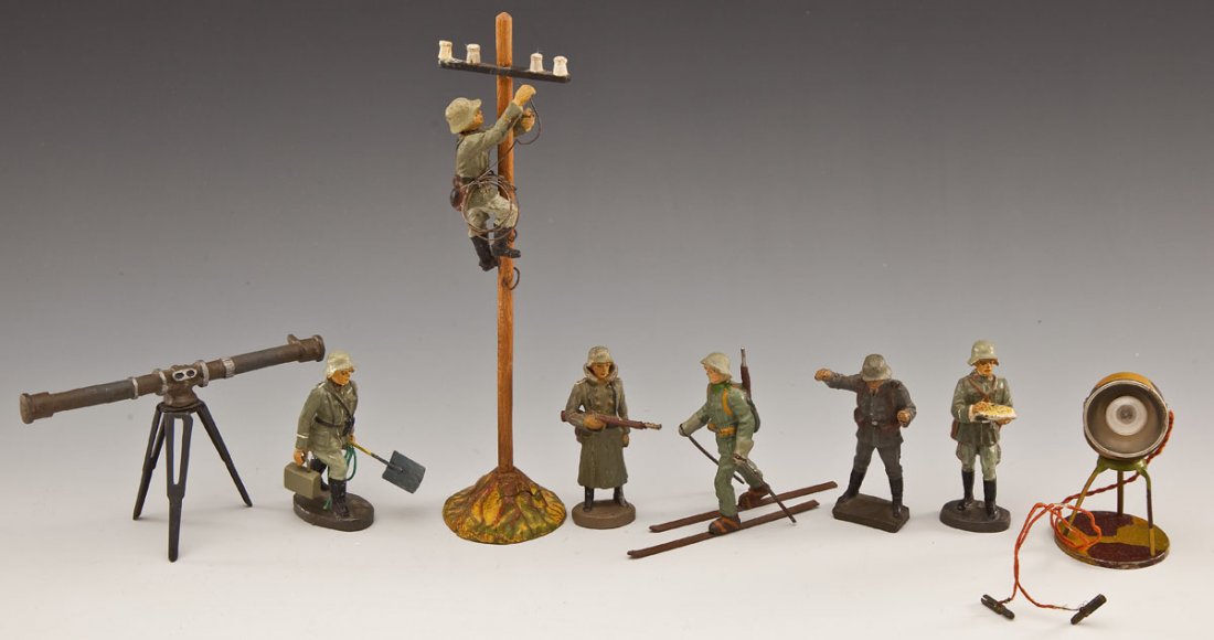Elastolin & Lineol German Army Comm Group: DESCRIPTION: German Army communications group. Consists of eight pieces. Elastolin telephone pole climber (one very minor repair to pole), Lineol Luftwaffe Range Finder with Operator (slight restorati
