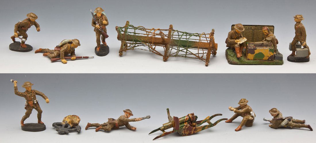 Elastolin & Lineol British/American Trench Warfare: DESCRIPTION: Consists of twelve pieces, including rare Morse Code Telegraph Group, Marklin Machine Gun (shoots), two battlefield accessories, Lineol lying with grenade, and various combat poses. CONDI