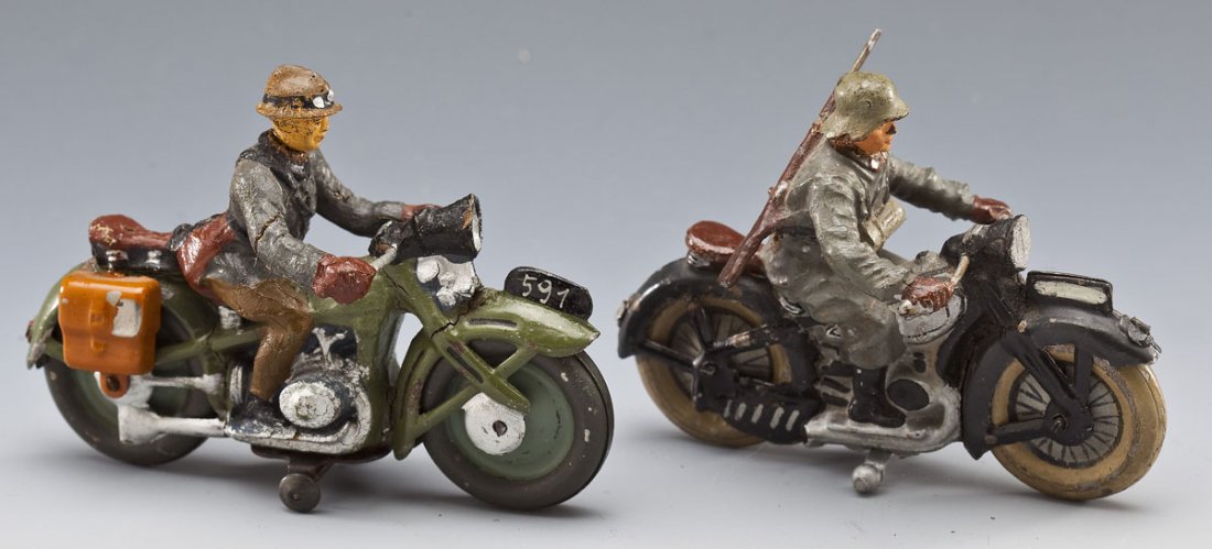 Lineol and Elastolin Motorcycles: DESCRIPTION: One Lineol German Air Force (Luftwaffe) Motorcycle dispatch rider, one single piece, and one Belgian motorcycle dispatch rider. , prewar Germany, circa late 1930's. MEASUREMENTS: Both 7.0