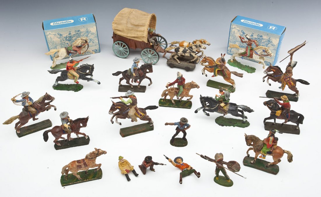 Elastolin Wild West Lot: DESCRIPTION: Consists of thirty-nine pieces Elastolin Cowboy and Indians, mainly postwar issue, some pre-war items. Includes: Covered wagon with driver, two boxed, mounted pieces (plastic, one damaged