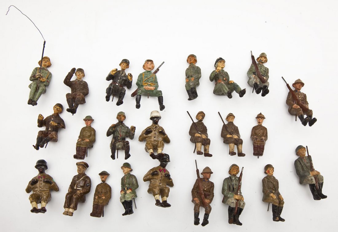 24 Elastolin, Lineol & Other Seated Military Figs: DECRIPTION: Consists of twenty-four miscellaneous seated German, British, American, Swiss, and other nationalities. These figures were made to go with tin plate vehicles such as staff cars, trucks, et