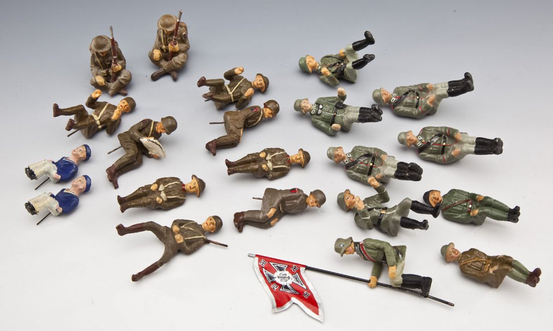 21 Elastolin, Lineol & Others Seated Military Figs: DESCRIPTION: Consists of twenty-one miscellaneous seated German, British, American figures. Includes repro Duscha German staff car crew, two small-scale German sailors, several post-war American and B