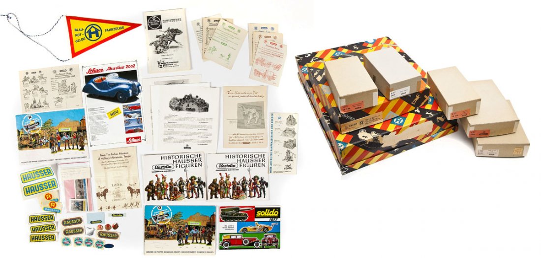 Lot Orig Post-War Elastolin & Schuco Boxes & Ephem: DESCRIPTION: Lot consists of seven original post-war Hausser-Elastolin empty boxes and two files of original Hausser-Elastolin catalogs; one Shucco catalog from 2002. Also includes various Hausser sti