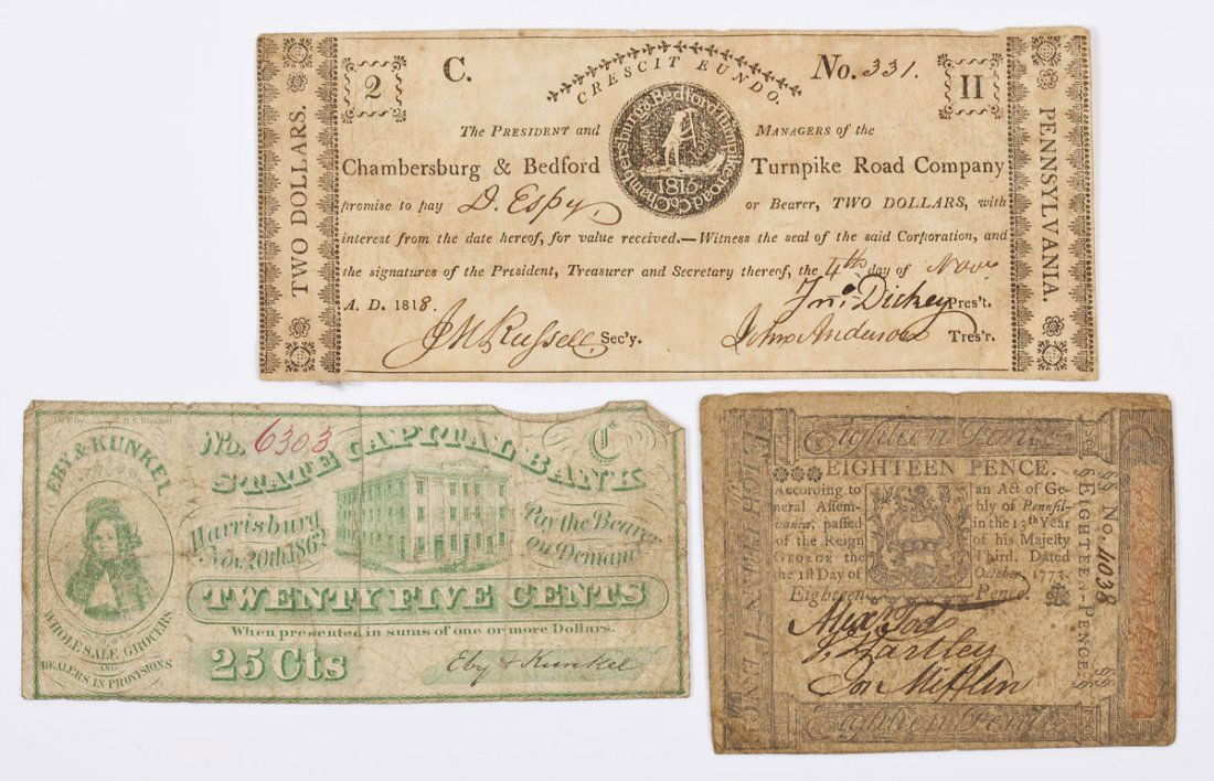 3 Early PA Currency Notes incl 1773 18 Pence: DESCRIPTION: Three early Pennsylvania currency notes. Includes: 1) 1773 eighteen pence note signed by John Mifflin, J. Hartley, and Alexander Tod. Printed by Hall & Sellers. 3-5/8" x 2-3/4". Good cond