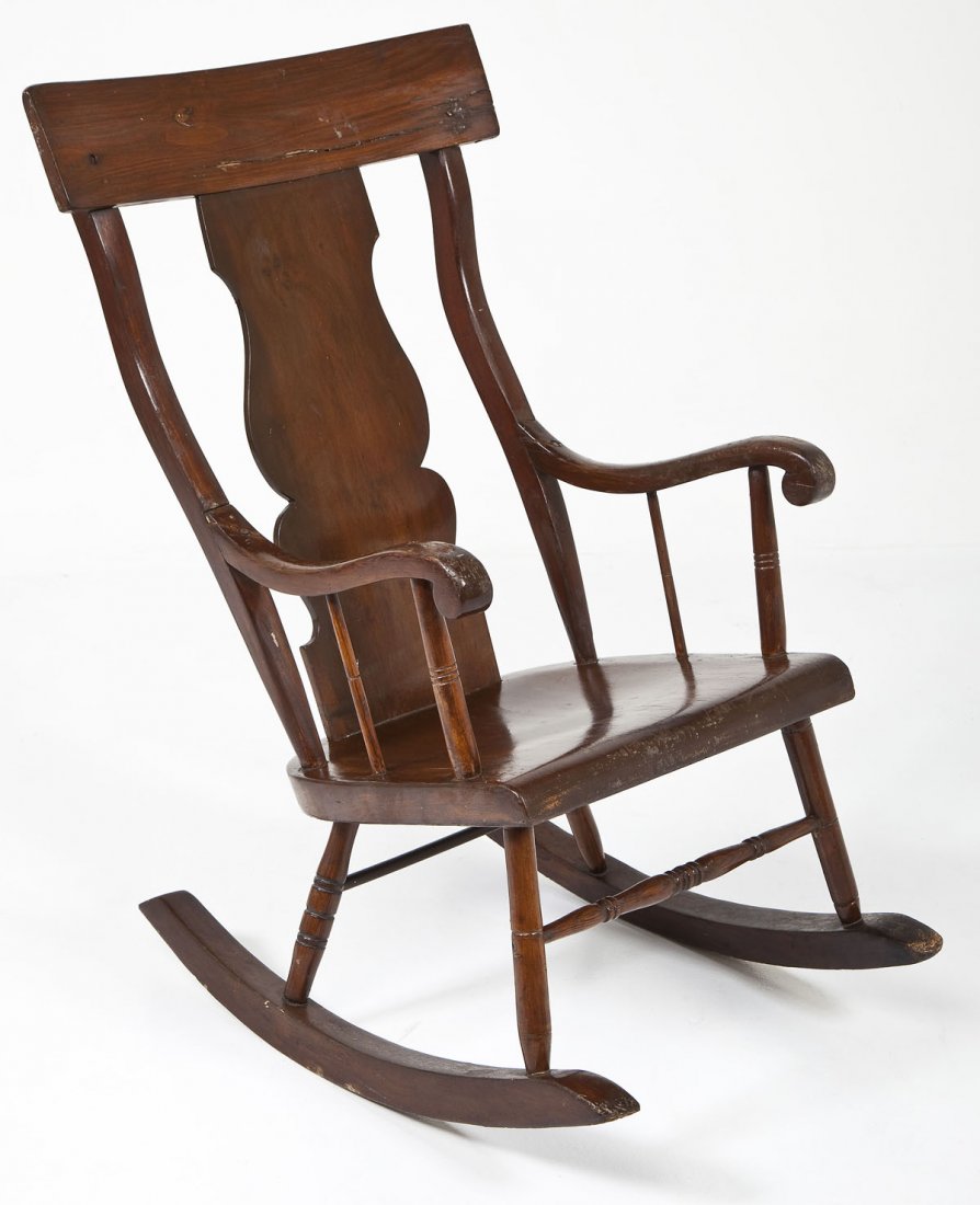 Boston Rocker by John Swint Lancaster, PA: DESCRIPTION: A Boston rocker made and marked by "J.Swint/Chairmaker" for John Swint, a well documented circa 1830-50 Lancaster County chairmaker. The form consisting of a mixed woods plank seat chair 