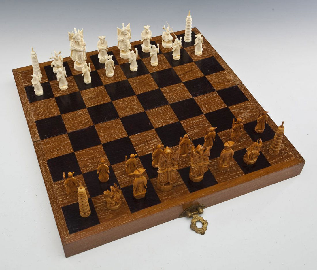 Chinese Carved Ivory Chess Set in Case