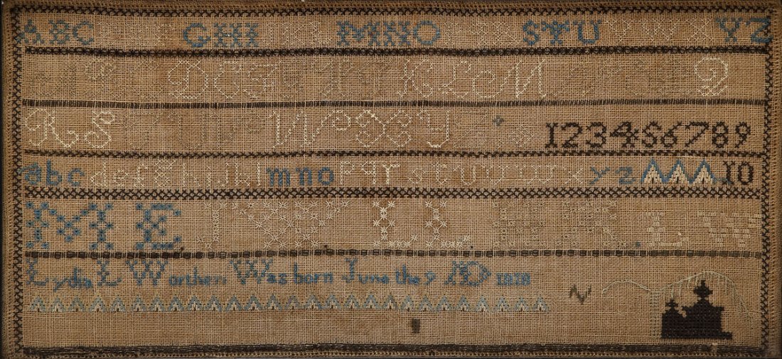 19th Century Lydia L. Worthen Sampler: DESCRIPTION: Lydia L. Worthen alphabet and number sampler. Name at bottom with birthdate of June 9, 1818. Possibly Lydia Louise Worthen, daughter of Richard Worthen and Lydia Wheeler, born in Concord,