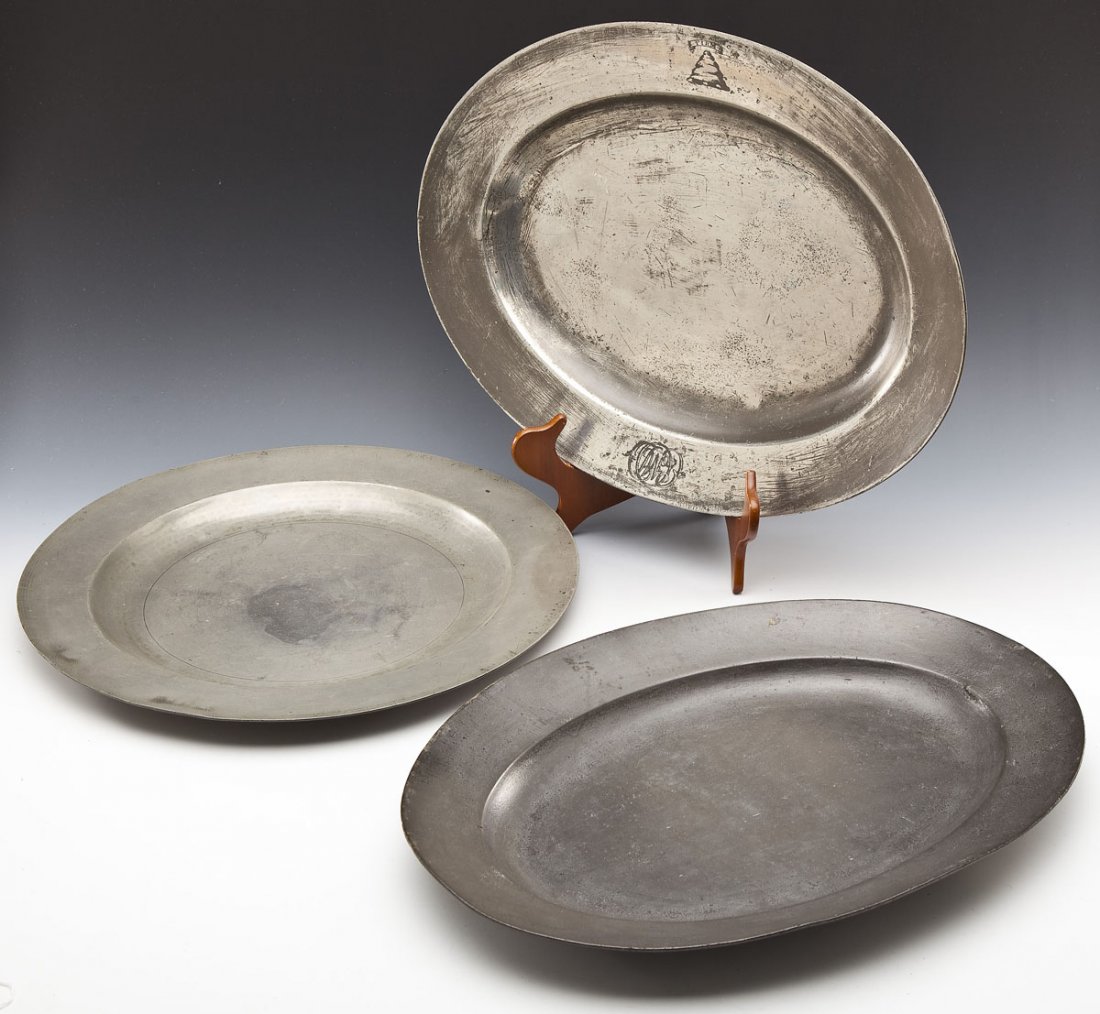 3 18th C English Pewter Platters: DESCRIPTION: Three 18th century English pewter platters. Includes: 1) 18" diameter round platter with touch marks for Birch & Villers (John Birch and William Villers, Birmingham, England circa 1772 to