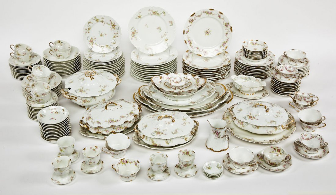 174 Pc Assembled Haviland Limoges Schleiger Dishes: DESCRIPTION: One hundred and seventy-four pieces of Haviland Limoges Schleiger pattern assembled into a set. Includes: five 3-1/4" egg cups, one 8-5/8" gravy boat on tray, one 4-5/8" creamer, four 3" 