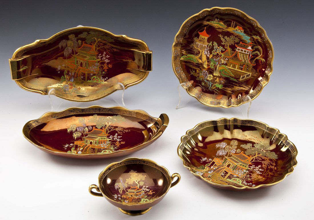 5 Pcs Carlton Ware Rouge Royal China with Pagodas: DESCRIPTION: Five pieces Carlton Ware china. Rouge Royale pattern with pagodas. Includes: two each of 9" diameter x 1-1/2" high lobed dishes, one 6-1/2" x 5" x 2" high dual handled footed dish, one 11