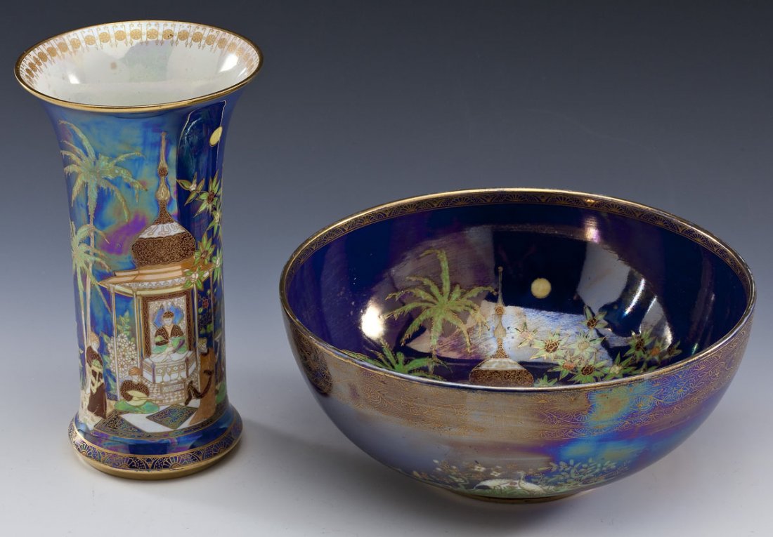 2 Pcs Carlton Ware Persian Lustre China: DESCRIPTION: Two pieces of Carlton Ware Persian china. 1) One 9" x 4-7/8" bowl. 2) 4-5/8" x 8" high vase. Each with blue lustre ground and Persian scene with palm trees and flowers. Each marked for Ca