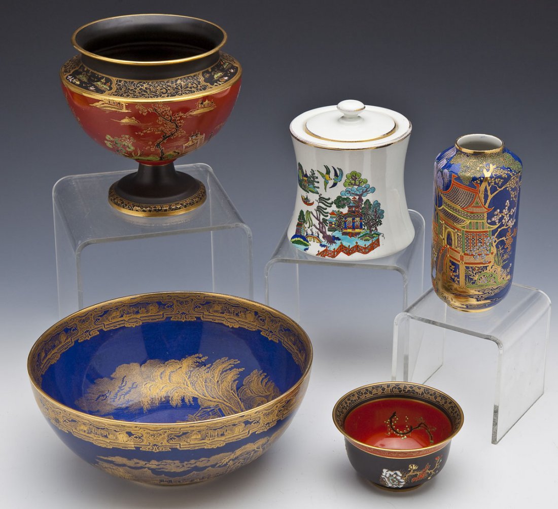 5 Pcs 1920s Carlton Ware: DESCRIPTION: Five pieces of Carlton Ware. Circa 1920s. Includes: 1) One 9" diameter x 3-3/4" deep blue and gold bowl. Gilded with classical scenes. 2) 4-5/8" x 5" high lidded jar. Painted with colorfu