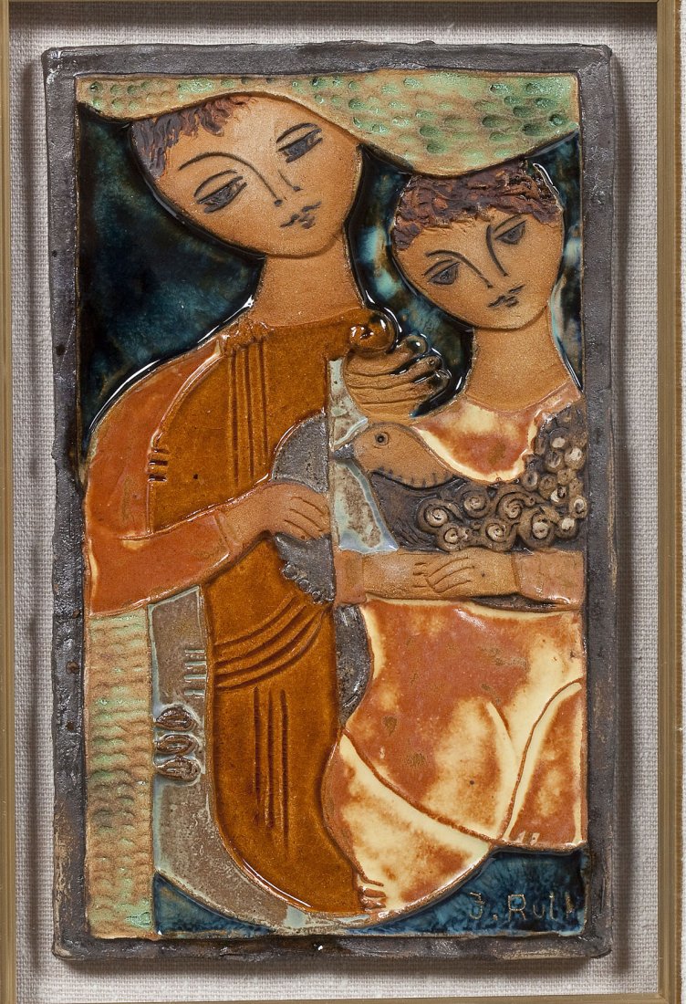 Ruth Faktor (Israel, 1937- ): DESCRIPTION: Ruth Faktor (Israel, 1937- ). Hand glazed ceramic relief sculpture. Musicians. Signed at lower right F. Ruth. In wooden shadowbox frame lined with fabric. Labeled on back with information