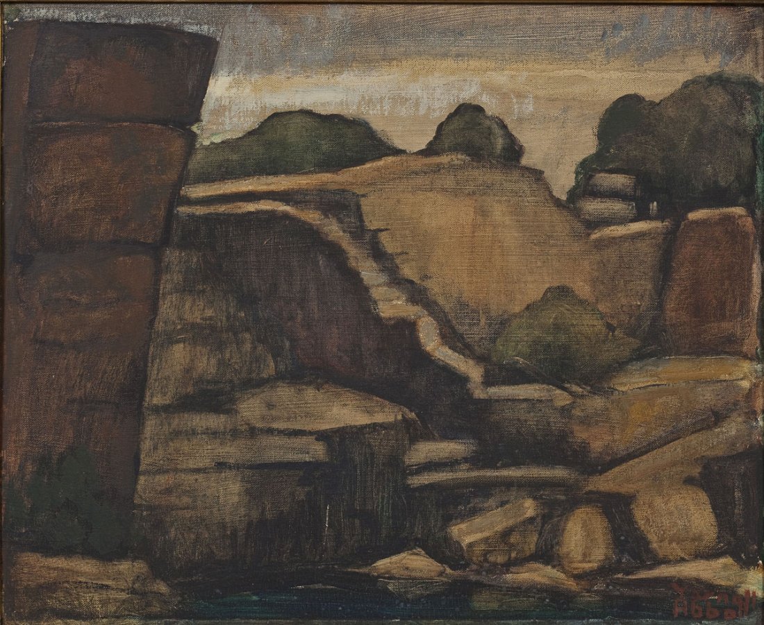 Yarnall Abbott (American, 1870-1938): DESCRIPTION: Yarnall Abbott (American, 1870-1938). Oil on board. Quarry, 1937. Monochromatic depiction of a rock quarry. Signed at lower right corner. In a gold painted wooden frame. Board marked on t