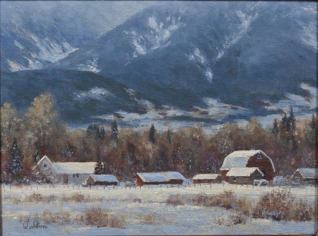 Paul Waldum (American, 20th/21st Century): DESCRIPTION: Paul Waldum (American, 20th/21st Century). Oil on canvas board. A Thanksgiving Snow Storm. Signed at bottom left corner "Waldum". Dated on the back 12/2010 with title and artist name. In 