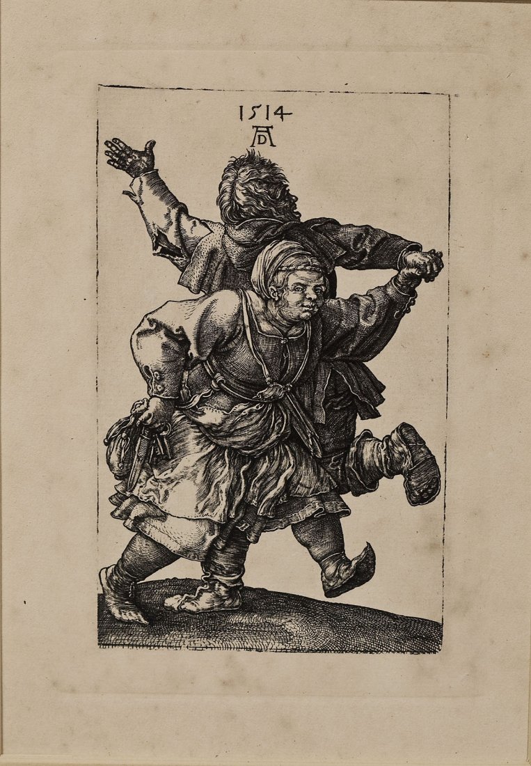 After Albrecht Durer (German, 1471-1528): DESCRIPTION: After Albrecht Durer (German, 1471-1528). Later etching on cream wove paper. Peasant Couple Dancing. Dated and initialed in the upper center. Under white matting in a wooden frame. Albrec