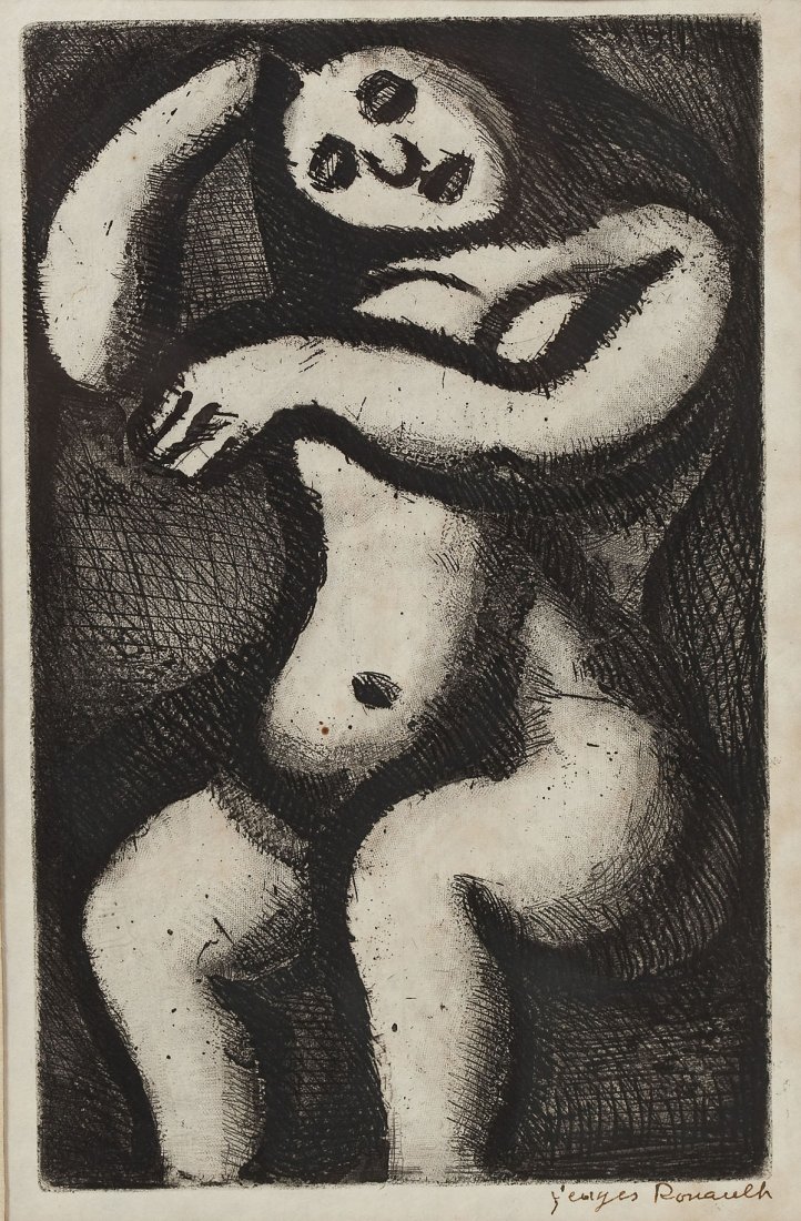 Georges Rouault (French, 1871-1958): DESCRIPTION: Georges Rouault (French, 1871-1958). Etching on wove paper. Nu Assis, 1928. Signed in lower right corner in ink "Georges Rouault". Under cream matting in a black metal frame. MEASUREMENTS