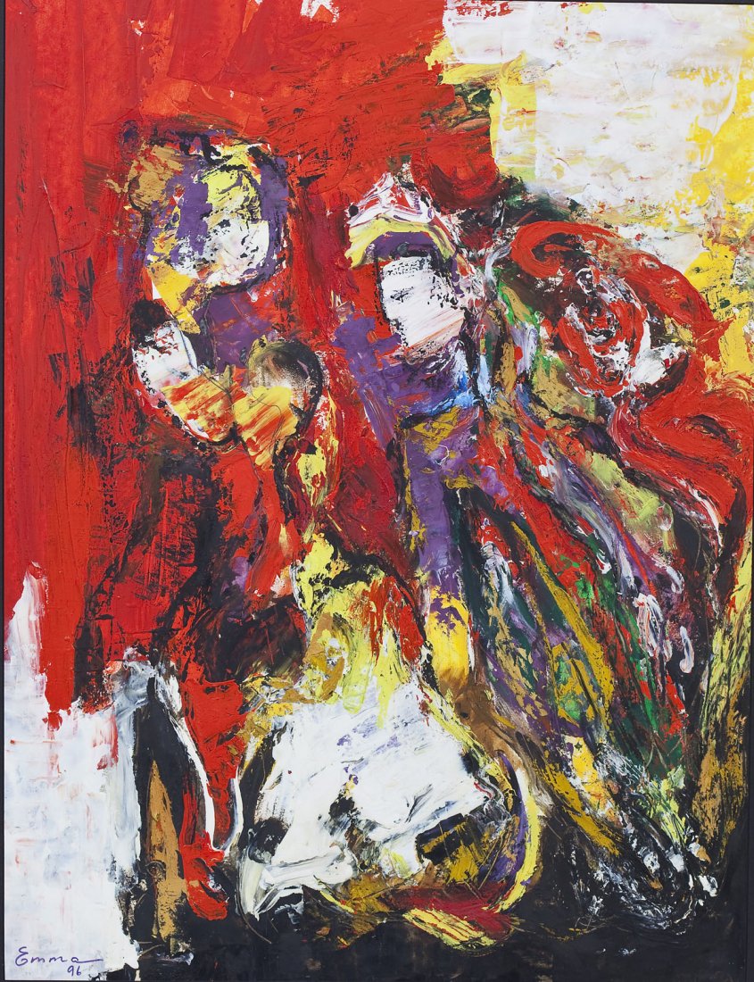 Emma Gregorian (Armenian, 1943- ): DESCRIPTION: Emma Gregorian (Armenian, 1943- ). Acrylic on paper. Man and woman conversing. Signed at lower left "Emma 96". Under black matting in wooden frame. Born in Gyumri, Armenia, Gregorian atte