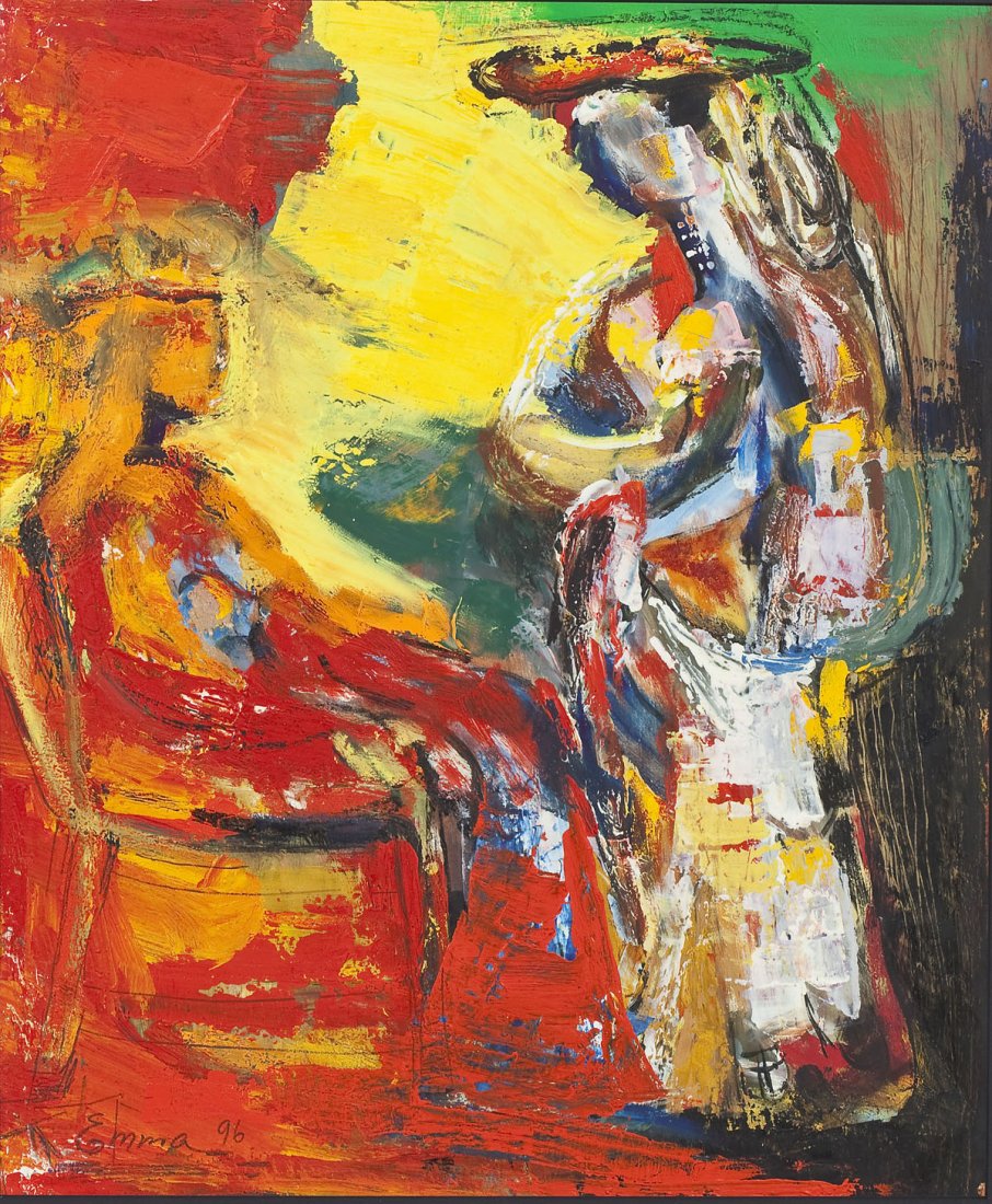 Emma Gregorian (Armenian, 1943- ): DESCRIPTION: Emma Gregorian (Armenian, 1943- ). Acrylic on paper. Two seated figures conversing. Signed at lower left "Emma 96". Under black matting in wood frame. Born in Gyumri, Armenia, Gregorian a