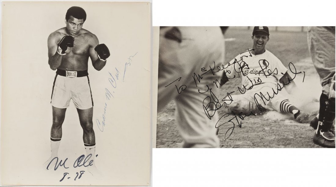Stan Musial & Cassius Clay Signed Photographs: DESCRIPTION: Two signed sports photographs. Includes: 1) Stan Musial signed photograph inscribed "To McKeesport YMCA Best Wishes Stan Musial". 7-1/2" x 10". Mild handling marks. 2) Cassius Clay signed
