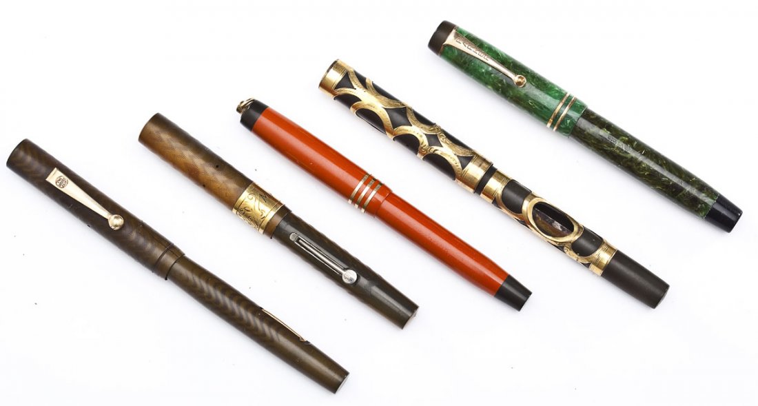 5 Fountain Pens incl Parker & Waterman: DESCRIPTION: Five fountain pens. Includes: 1) 4-3/8" Waterman's Ideal in tan zigzag with goldtone monogram band and Waterman's nib. 2) 5-3/8" Moore Pen Co. in olive stripes and Moore nib. Overall wear