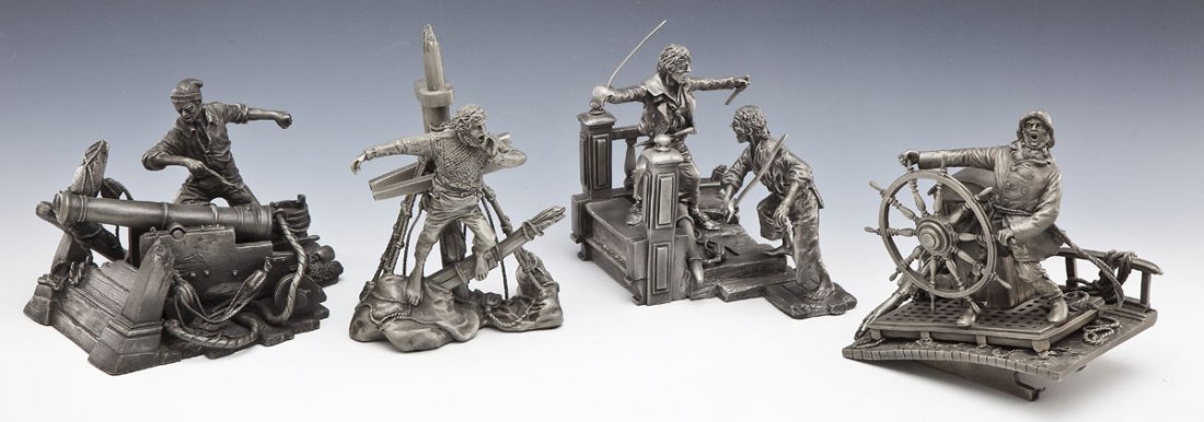 4 Franklin Mint Pewter Figurines: DESCRIPTION: Four Franklin Mint pewter figurines. Including: 1) Fire At Will by Peter Jackson, 1987. 2) Land Ho! by Peter Jackson, 1987. 3) Defending the Crown by Peter Jackson, 1988. 4) Into the Stor