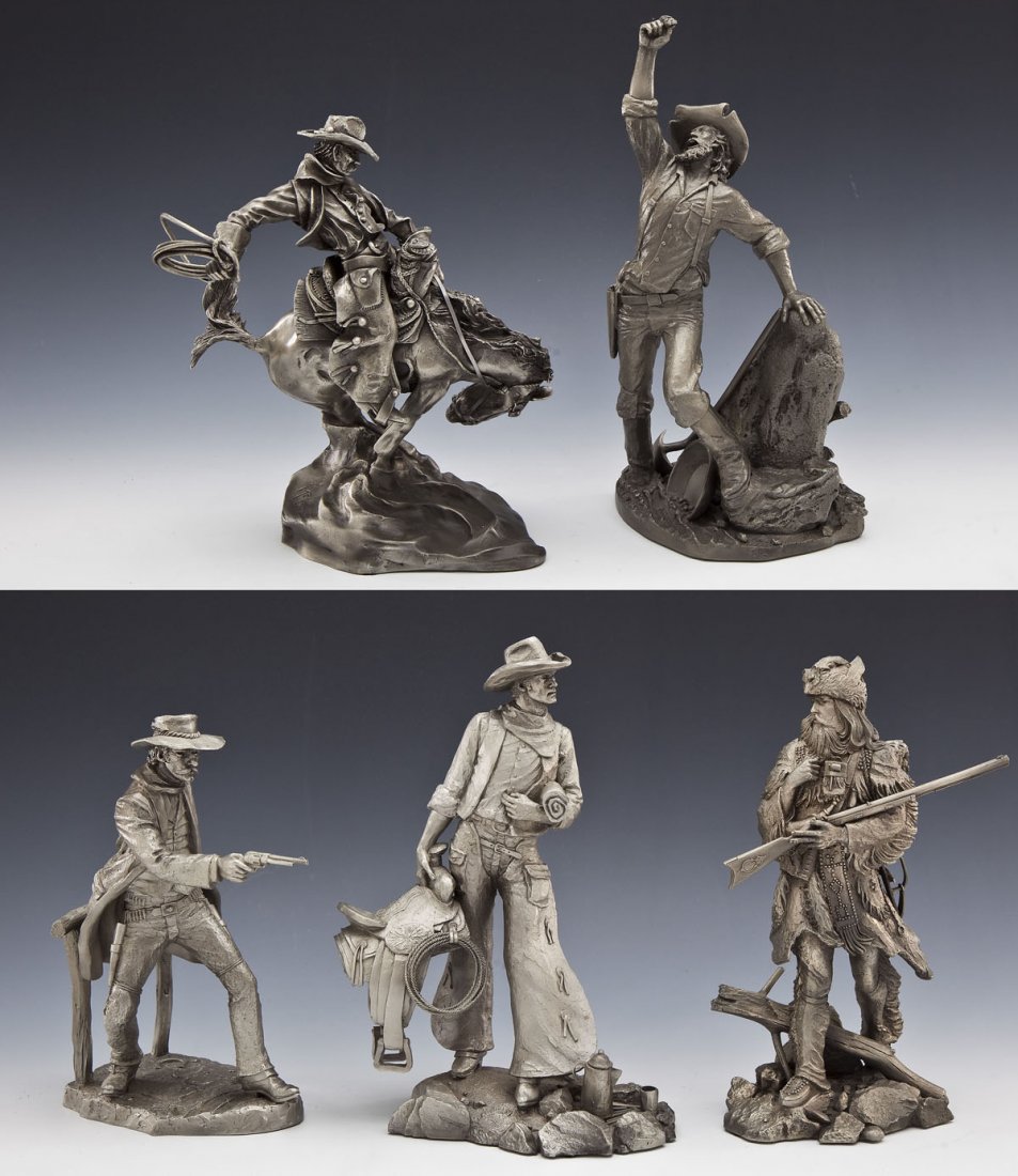 5 Western Pewter Figurines: DESCRIPTION: Five western pewter figurines. Including: 1) Franklin Mint Clash of Wills by Buck McCain, 1981. 2) The Gunfighter by Jim Porter from the Western Heritage Museum, 1979. Numbered 4376/4500.