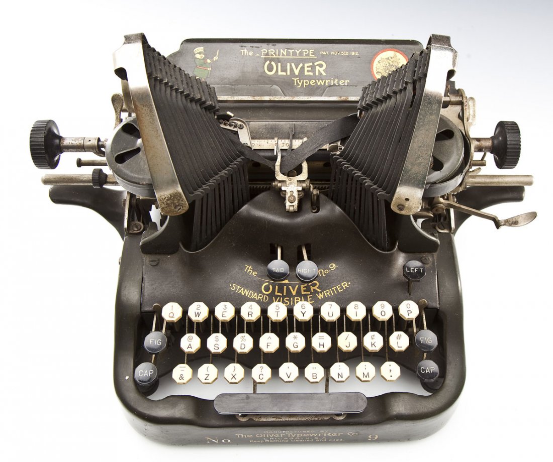 The Printype Oliver Typewriter Co. No. 9: DESCRIPTION: The Printype Oliver Typewriter Company. Model No. 9. Patented November 5, 1912. With box containing oil and cleaning materials: Oliver Typewriter oil, screwdriver, two brushes, and one sm