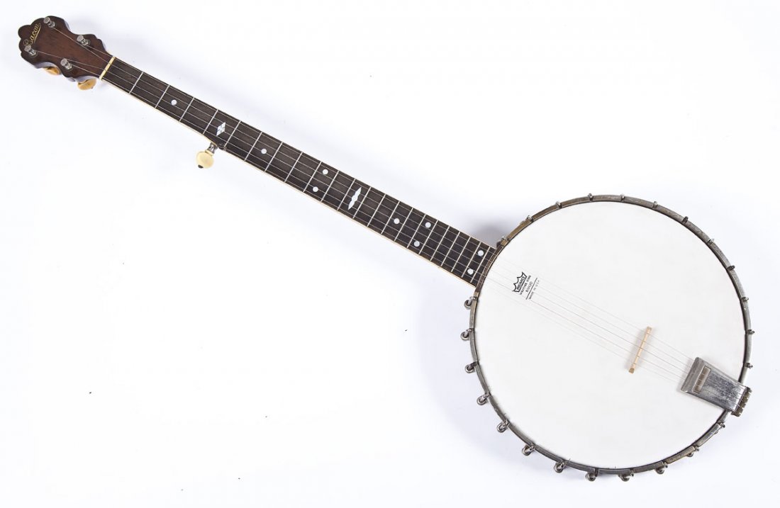 Bacon Banjo with Case: DESCRIPTION: Bacon banjo with case. Serial number 11921. 5-string. Green corduroy lined case. Bone tuning keys. No armrest. Mother of pearl position markers. MEASUREMENTS: Banjo 36-1/2" long. Case 38-