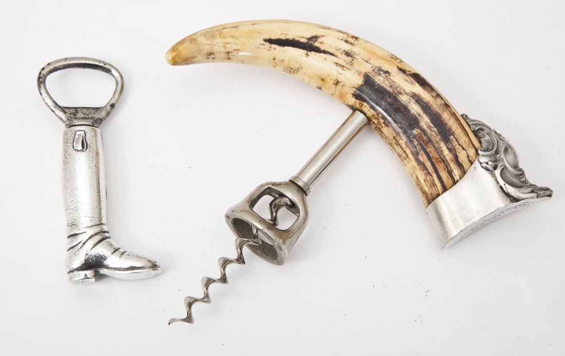 Sterling Bottle Opener & Antler Corkscrew: DESCRIPTION: Antique antler corkscrew with marked "Sterling" scrolled cap and monogrammed "CWG" for Charles W. Galloway. Together with a sterling foot form bottle opener hallmarked for Blackinton. PRO