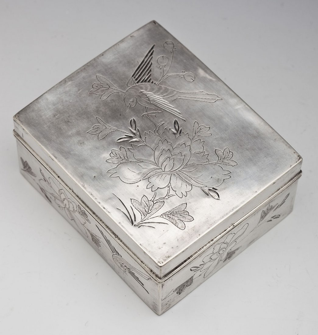 Chinese Export Silver Box: DESCRIPTION: Chinese silver box. Etched with bird and flower motif. Marked underneath with Chinese hallmarks. MEASUREMENTS: 3-3/4" x 3-1/8" x 1-3/4" high. Approximately 5.94 troy ounces total. CONDITI