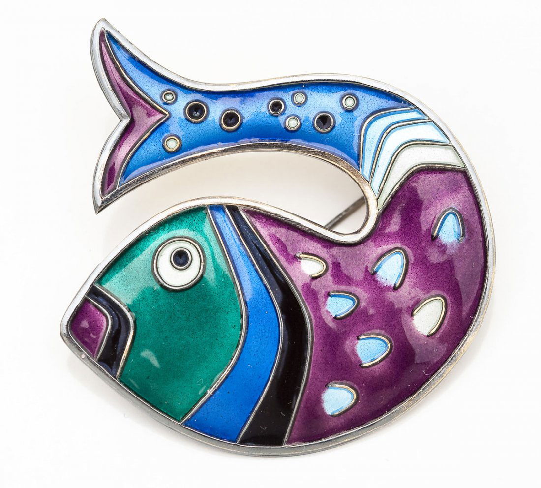 David Andersen Signed Enameled Fish Brooch: DESCRIPTION: David Andersen goldwashed sterling and enameled fish brooch. Marked "D-A Norway Sterling 925S" in purple, blue, green and black guilloche enamel. MEASUREMENTS: 1-3/4" x 1-3/4". CONDITION: