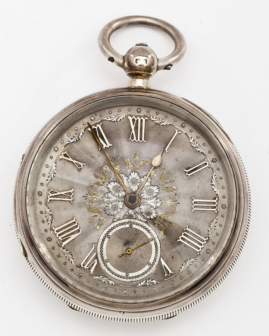 C 1905 English Chester Sterling Pocket Watch: DESCRIPTION: English sterling silver cased pocket watch. Key wind. Silver dial with subsidiary seconds, gold Roman numerals and swag decoration, goldtone hands. Swing out full plate movement. Case wit