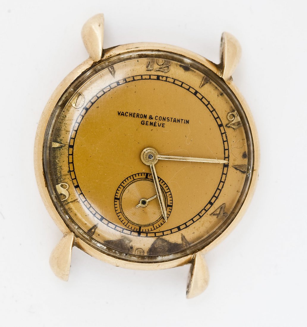 14K Vacheron & Constantin 17J Wristwatch: DESCRIPTION: Vacheron & Constantin wristwatch. Gold dial with applied numerals, subsidiary seconds, marked "Vacheron & Constantin Geneve". Movement marked "Vacheron & Constantin Geneve Swiss V458 Seve