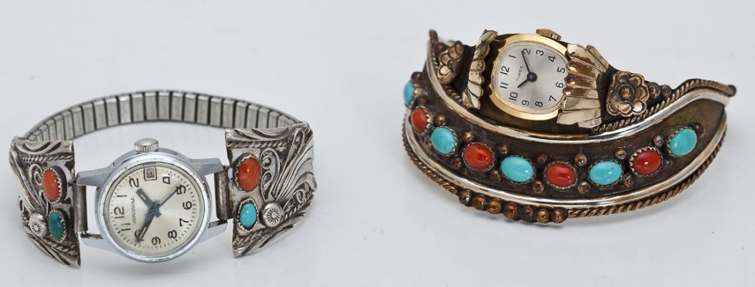 2 Navajo Bracelet Watches: DESCRIPTION: Two Navajo bracelet watches. Includes: 1) Goldwashed cuff watch bracelet with alternating turquoise and coral stones with rope trim. With small Timex watch. Signed "JJ". Top 1-1/2" wide. 