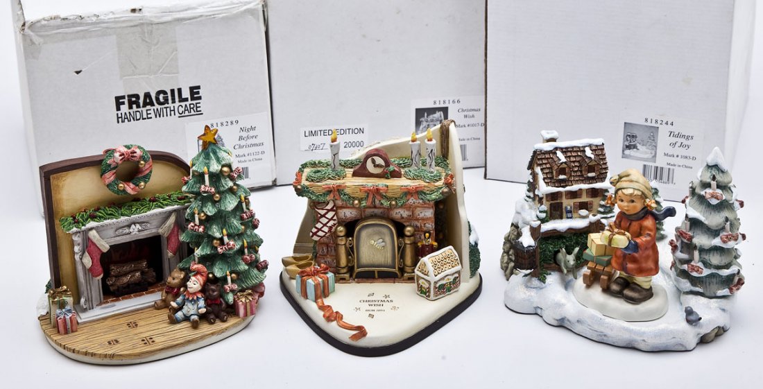 3 Assorted Hummel Collector Sets: DESCRIPTION: Three assorted Hummel Collector sets. Includes: 1) Night Before Christmas Hummelscape with box. #1122-D. 2005. 6" high. No defects to figure. Minor wear to box. 2) Christmas Wish Hummelsc