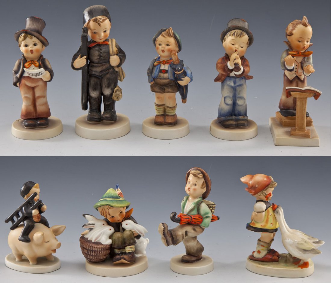 9 Hummel Figurines of Children: DESCRIPTION: Nine Hummel figurines of children. Includes: 1) Playmates, 58/0. Loss to paint on ear of bunny at left. 2) Home From Market, 198 2/0. 3) Globe Trotter, 79. 4) Goose Girl, 47/0. 1-1/2" hai