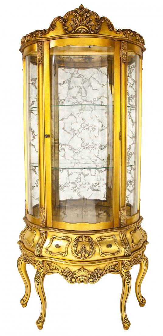 French Louis XV Revival Curio Cabinet: DESCRIPTION: A round bodied French Louis XV revival curio cabinet. Late 20th century. The form consisting of four cabriole legs supporting a shell covered base with drawer beneath a glassed front show