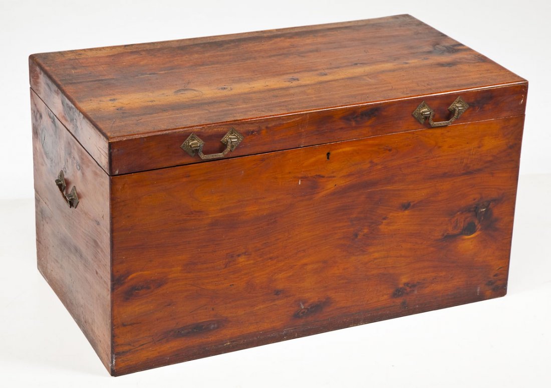 Seaman's Chest: DESCRIPTION: A 19th century seaman's chest of camphorwood. Consisting of six panel construction with a conforming lid, elaborate carrying handles and a brass lock. MEASUREMENTS: 36" x 20" x 20" high. 