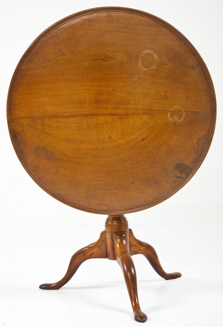 Classical Tilt Top Tea Table: DESCRIPTION: A snake-foot columnar tea table base probably birch (and therefore likely New England) with an associated Pennsylvania walnut dish top. The two joined together with a modified birdcage. E