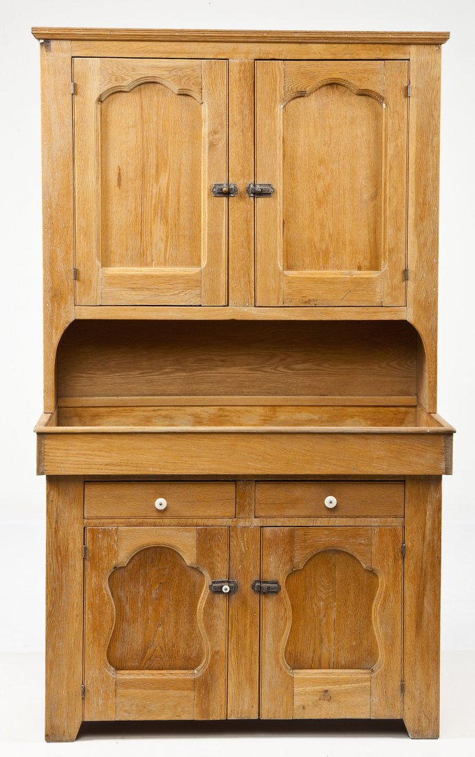 Pennsylvania Dry Sink with Overhang Cupboard: DESCRIPTION: A softwood Pennsylvania dry sink, 3rd/4th quarter 19th century. The form consisting of a double paneled door base beneath two drawers and a fitted dry sink. The entire base is then surmou
