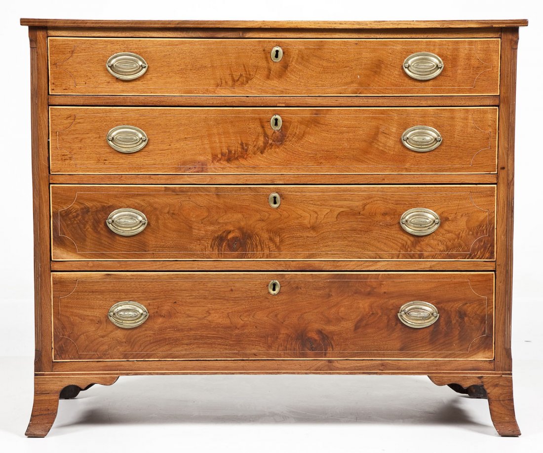 American Hepplewhite Chest of Drawers: DESCRIPTION: An American Hepplewhite chest of drawers circa 1790, mid-Atlantic. The form consisting of four graduated drawers with cockbeads and dust-boards set into a finely grained case and resting 